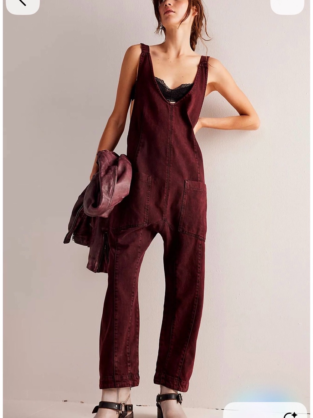 Free People Burgundy Sleeveless Denim Jumpsuit
